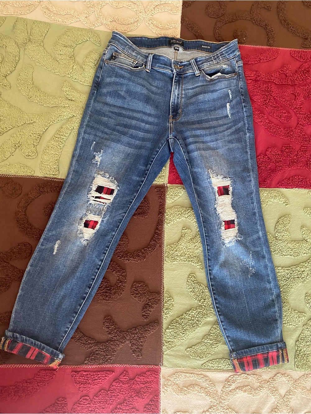Judy Blue Blue Distressed Boyfriend Jeans with Red Plaid Inset